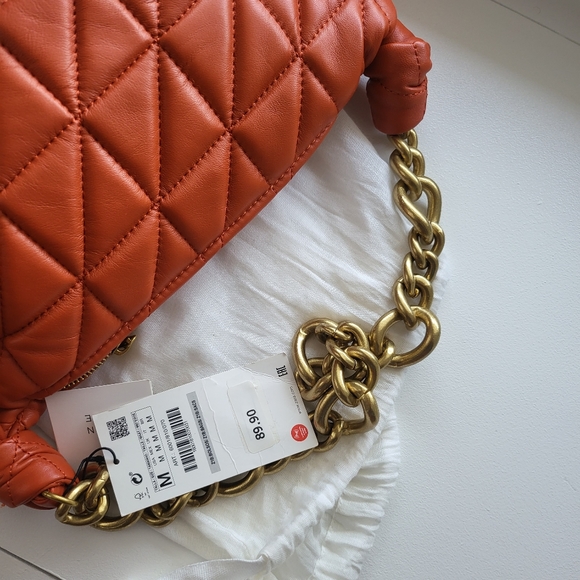 Zara Quilted Leather Bag With Chain Orange - Picture 2 of 2